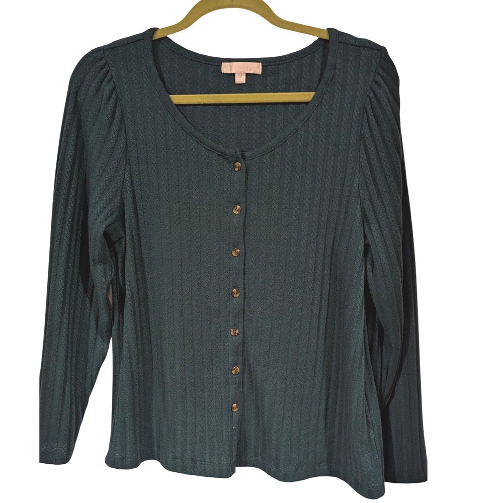 DESIGN HISTORY Ribbed Knit Button Front Puff Sleeve Top Teal Medium‎